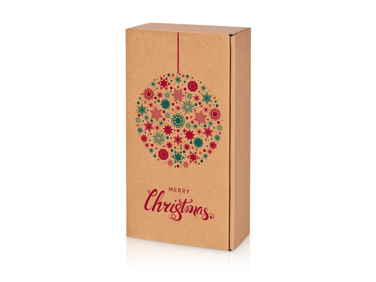 Brauner Geschenkkarton mit Weihnachtskugel-Motiv und Schriftzug „Merry Christmas“