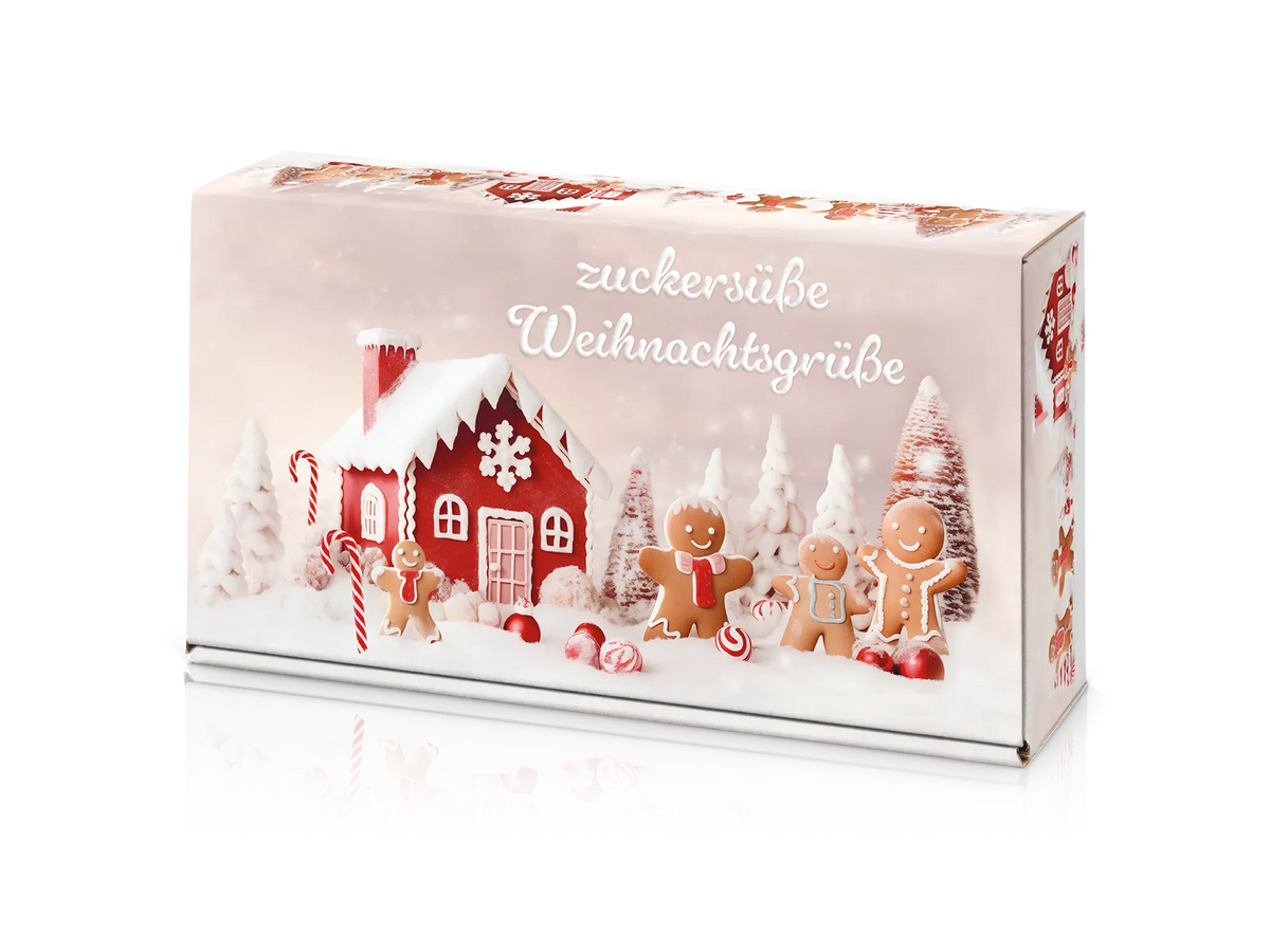 Geschenkkarton mit Weihnachtsgrüßen, Motiv von Häusern und Lebkuchenfiguren