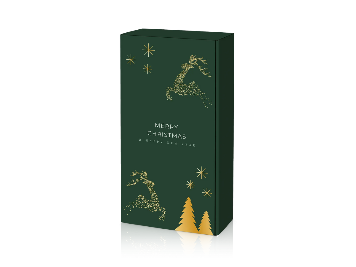 Grüner Geschenkkarton mit goldenen Rentier- und Weihnachtsmotiven