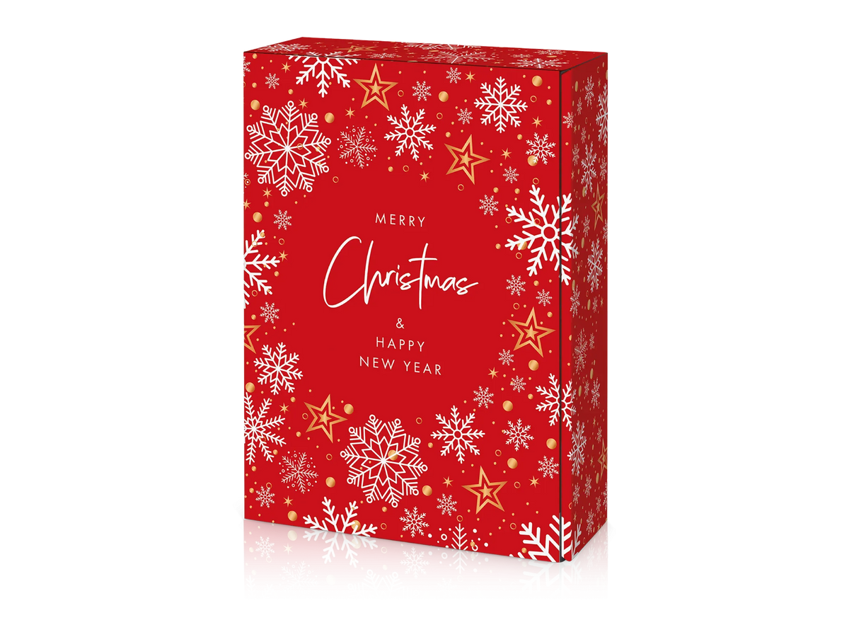 Roter Geschenkkarton mit Schneeflocken-Motiv und Weihnachtsaufschrift