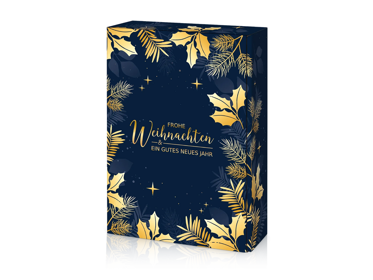 Weihnachts-Geschenkkarton mit blauem Design, goldenen Zweigen und Text „Frohe Weihnachten“