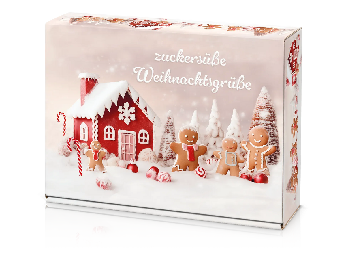 Weihnachts-Geschenkkarton mit winterlichem Hausmotiv