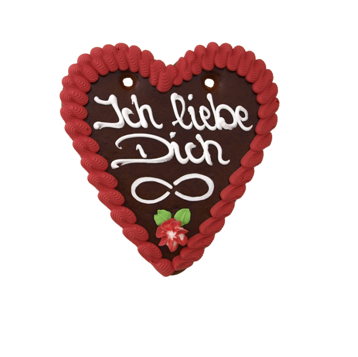 Lebkuchenherz (Gr. 64) mit Aufschrift „Ich liebe Dich“, roter Zuckerguss und Blumen Dekoration