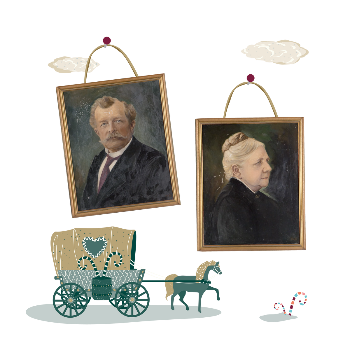 Illustration-Collage:  Oben hängen zwei alte, goldgerahmte Ölporträts – links ein Mann mit Schnurrbart, rechts eine Frau im Profil. Unten steht eine Schlaraffenland, Kutsche, geschmückt mit einem Lebkuchenherz und Zuckerstangen. Ein kleines, teal-farbenes Pferd zieht die Kutsche. 