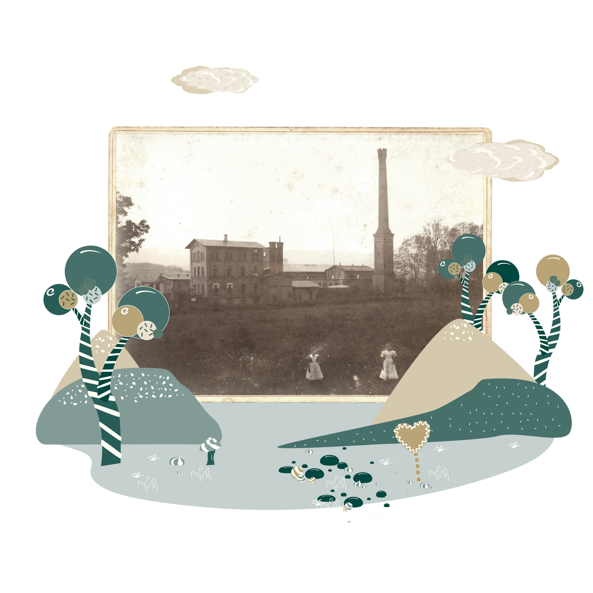 Illustration-Collage, die ein gealtertes, sepia-getöntes Vintage-Foto einer historischen Fabrikanlage mit Schornstein und drei kleinen Persone zentral in einem cremefarbenen Rahmen präsentiert. Um das Foto herum sind flache Illustrationen angeordnet: zwei Bäume mit gestreiften Stämmen und runden, blau-beigen Kronen auf gepunkteten Hügeln, ein detailreicher, mit Süßigkeiten verzierter Boden und zwei cremefarbene Wolken am Himmel.