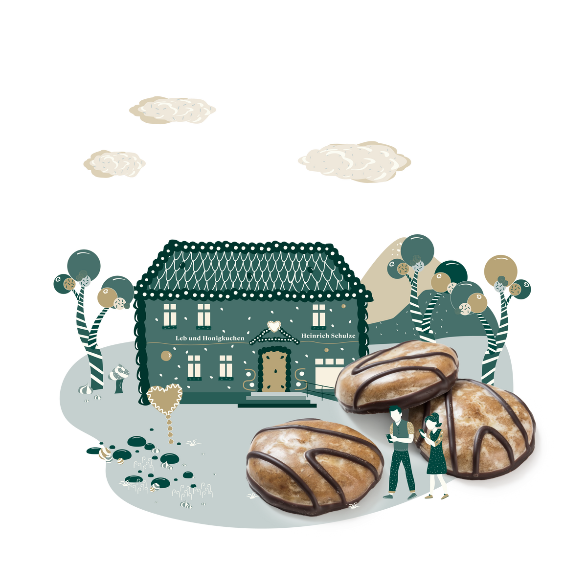 Illustrative Collage, die das stilisierte Lebkuchenhaus von Schulze zeigt. Im Vordergrund sind drei reale, glasierte Lebkuchen mit Schokoladendekor platziert. Daneben stehen zwei kleine, illustrierte Figuren im passenden Grafikstil.  Im Hintergrund sind Bäume und Berge im Schlaraffenlandstil zu sehen.
