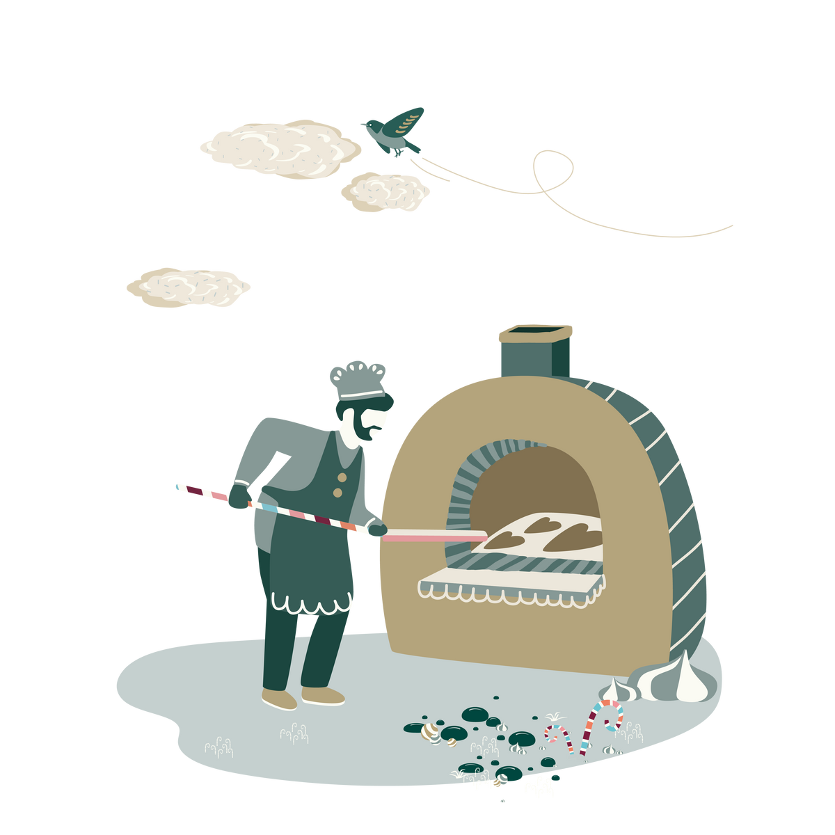 llustration eines bärtigen Bäckers in Kochkleidung, der mit einem langen, gestreiften Stab herzförmige Gebäcke in einen großen Steinofen schiebt. Die Szene ist in einem flachen, grafischen Stil gehalten und zeigt den Bäcker auf einem mit kleinen Süßigkeiten verzierten Boden. Am Himmel schweben drei Wolken und ein kleiner Vogel.