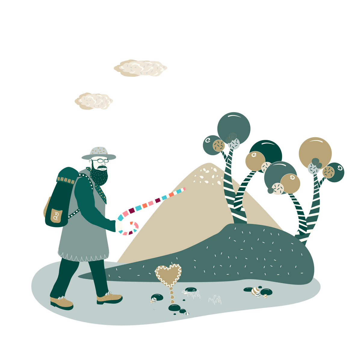 Grafische Illustration eines bärtigen Wanderers mit Hut, Brille und großem Rucksack, der eine bunte Zuckerstange als Wanderstab hält. Er steht in einer stilisierten Landschaft mit einem beigen Hügel und zwei Bäumen mit runden Kronen unter zwei Wolken. 