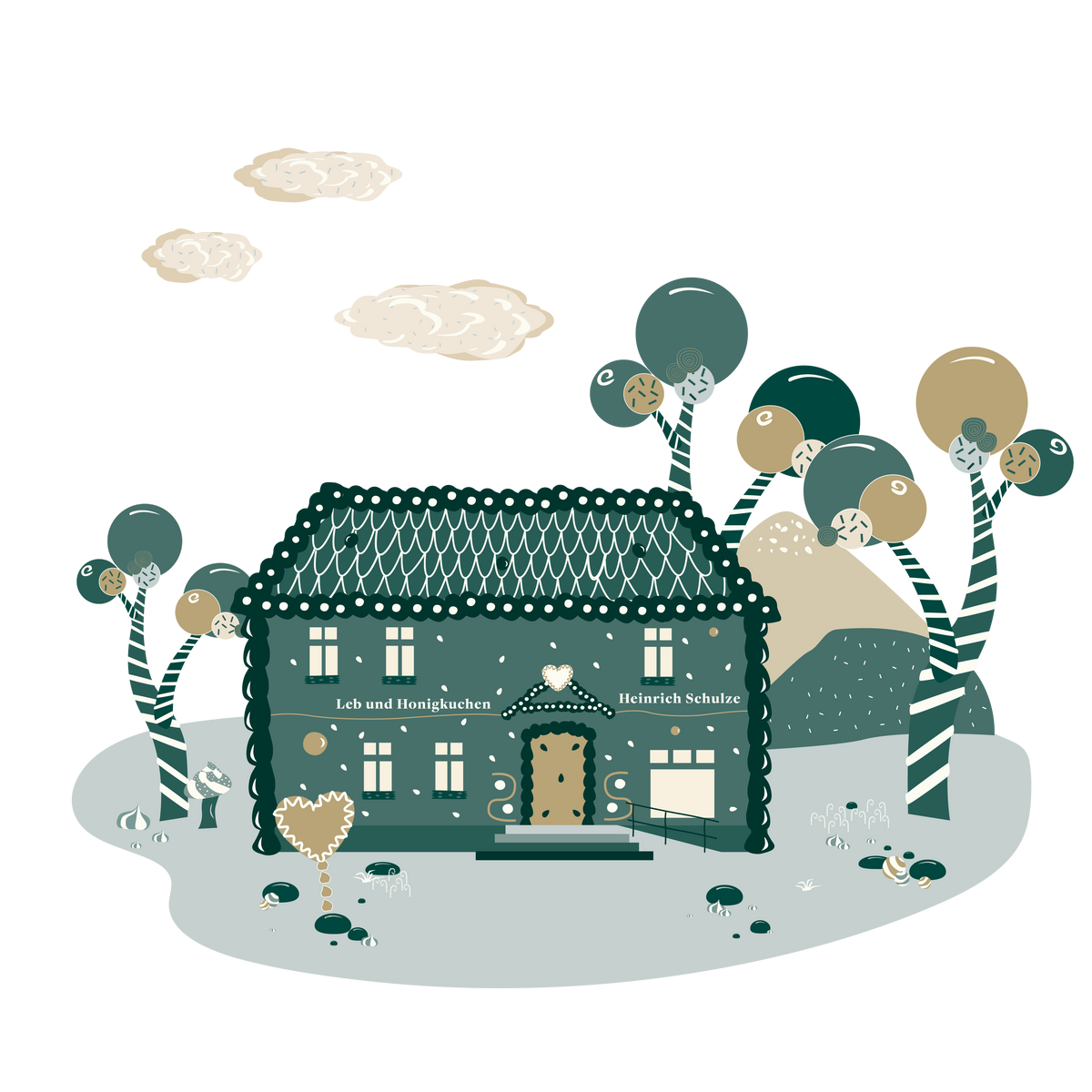 Dekorative llustration eines Lebkuchenhauses, überwiegend in blau und grün gehalten mit detaillierten weißen Verzierungen. Auf der Fassade steht in weißem Text links „Leb und Honigkuchen“ und rechts „Heinrich Schulze“. Das Haus steht in einer Schlaraffenland Landschaft, umgeben von stilisierten Bäumen, Pilzen, Bergen und drei Wolken.