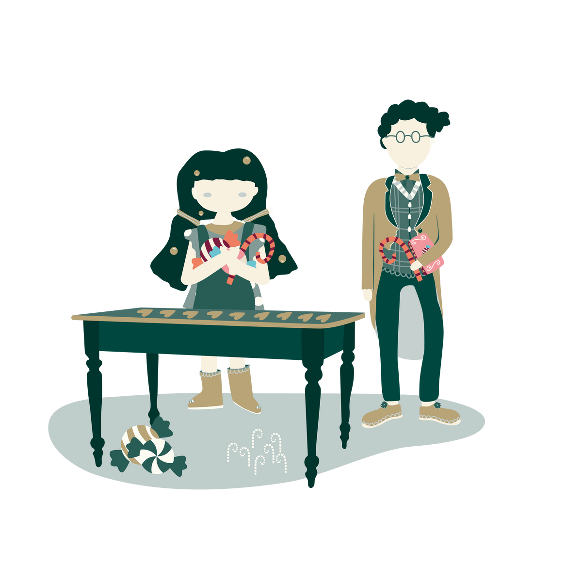 Illustrative Szene im Schlaraffenland-Stil. Links steht ein Mädchen mit langem, dunkelgrünem Haar und hellem Kleid hinter einem dunklen Tisch, auf dem eine Reihe kleiner Lebkuchenherzen liegt; sie hält ein Bündel bunter Süßigkeiten in den Händen. Rechts daneben steht ein Mann mit Brille und lockigem dunkelgrünem Haar, gekleidet in einen beigen Gehrock über einer gestreiften Weste und dunkelgrüner Hose; er hält eine Zuckerstange und eine kleine rosafarbene Schachtel in der Hand.