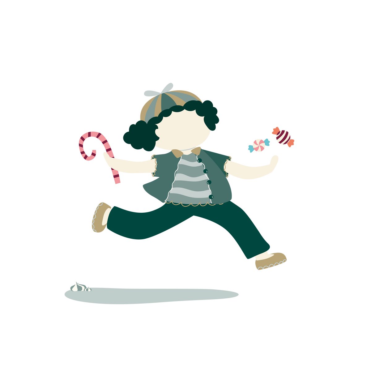 Illustrative Szene einer Kinderfigur mit lockigen, dunkelgrünen Haaren und einer passenden Mütze. Die Figur ist in einer fröhlichen Laufbewegung, trägt ein grau-weiß gestreiftes Oberteil unter einer dunkelgrünen Weste und grüne Hosen. Das Kind hält eine rosa geringelte Zuckerstange in der Hand und greift mit dem vorgestreckten linken Arm nach zwei kleinen, runden bunten  Bonbons.