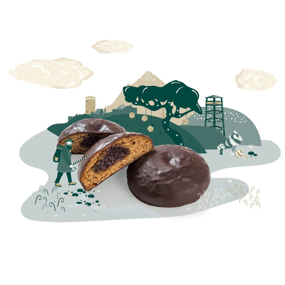 Drei schokobezogene Lebkuchen, davon einer halbiert mit dunkler Füllung, vor einer illustrierten Landschaft mit Borgholzhausen-Motiven wie Burg Ravensberg und dem Luisenturm.