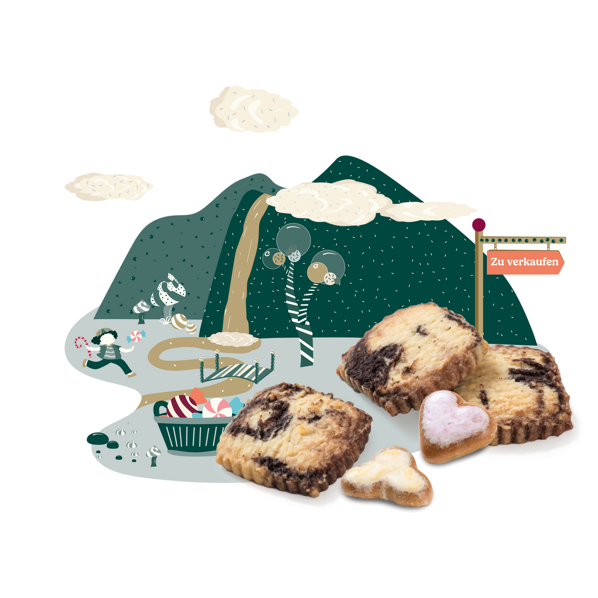 Eine ansprechende Zusammenstellung verschiedener Feinbäckerei-Plätzchen und kleiner Gebäckstücke vor einer bunten, illustrierten Berglandschaft mit Weg, Fluss und einer Brücke.