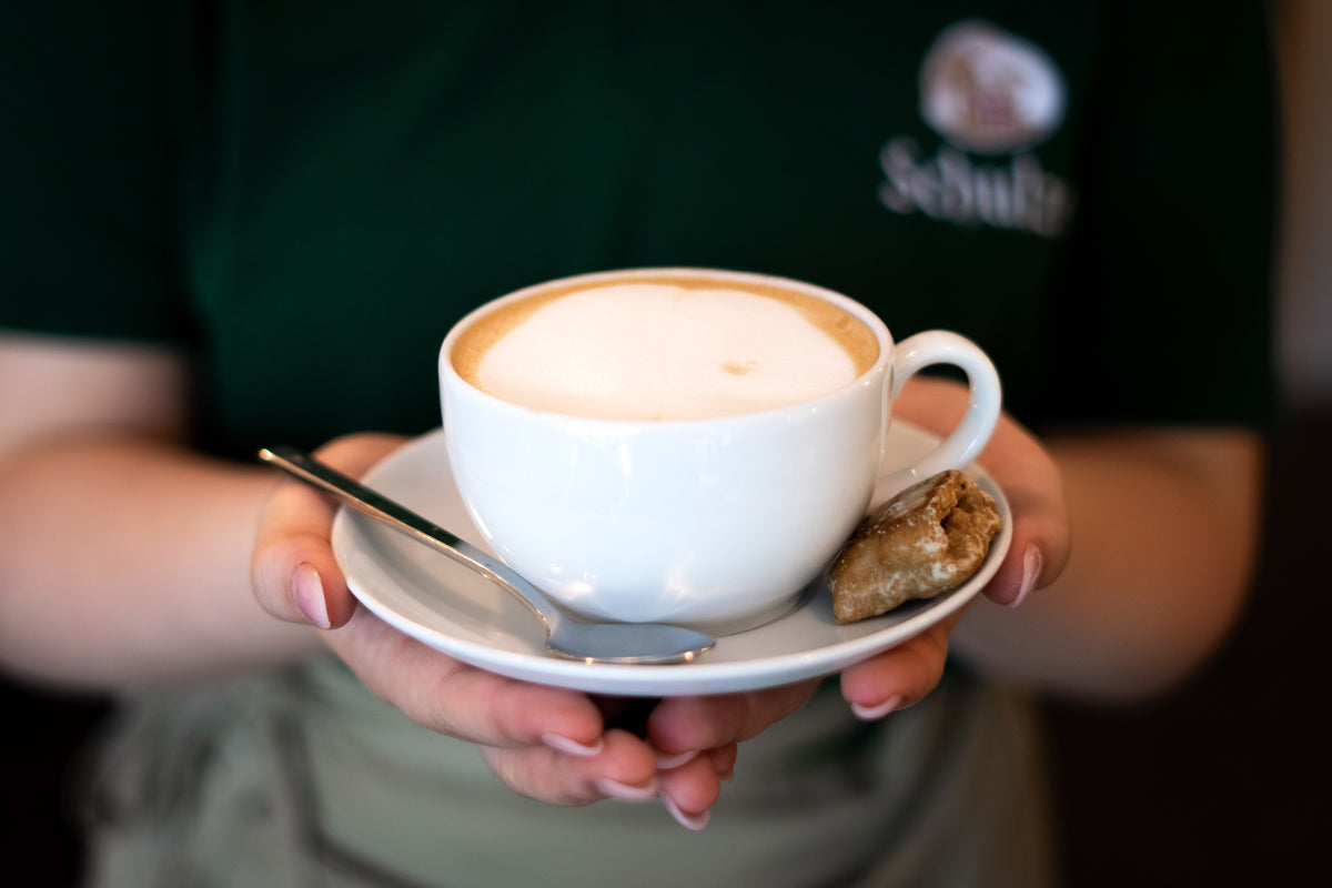 Frisch zubereiteter Cappuccino in einer weißen Tasse mit Schaumkrone, serviert mit Untertasse, Löffel und Gebäck.