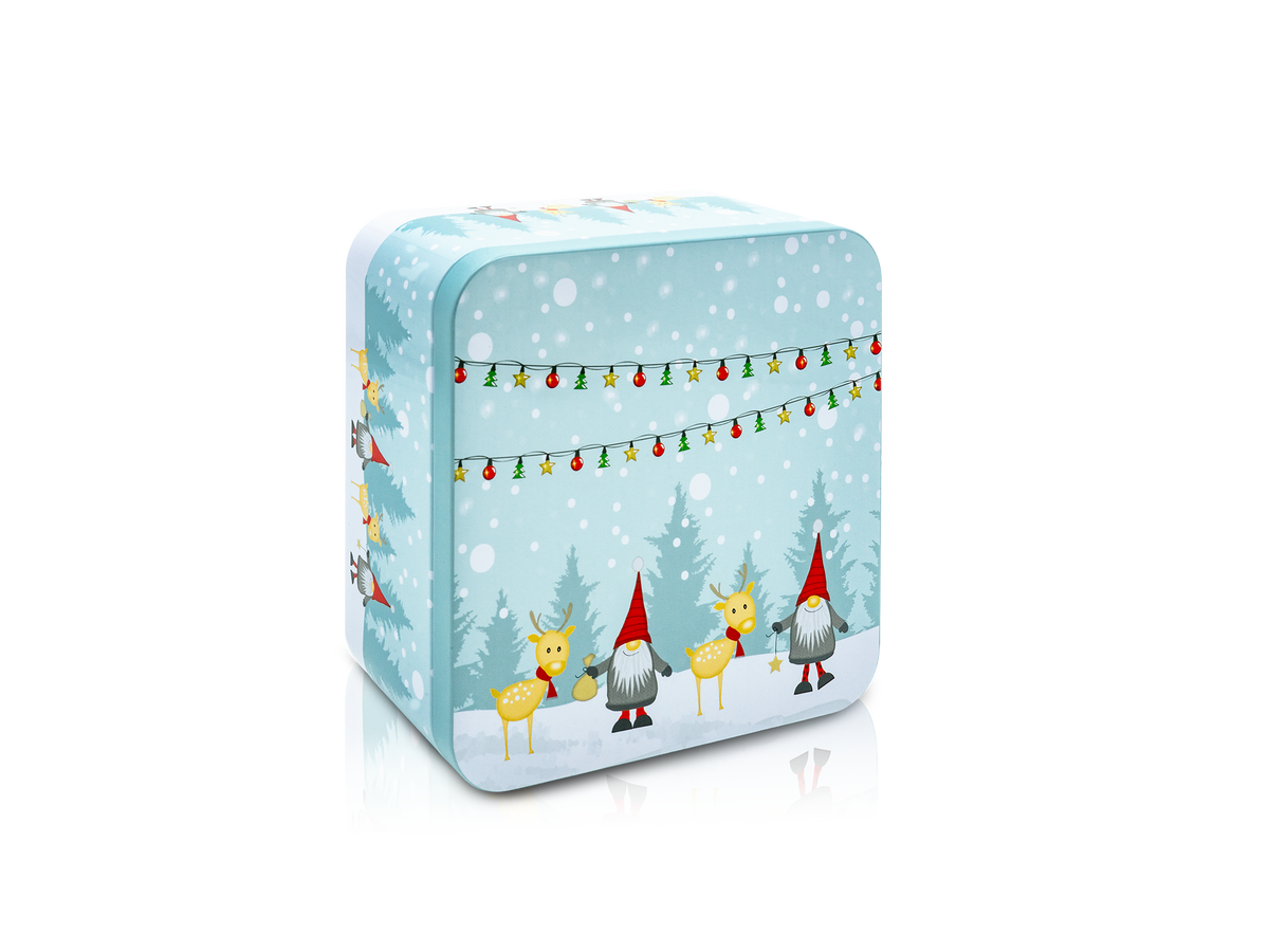 Rechteckige Geschenkdose aus Blech, hellblau mit Wichtel- und Weihnachtsmotiv