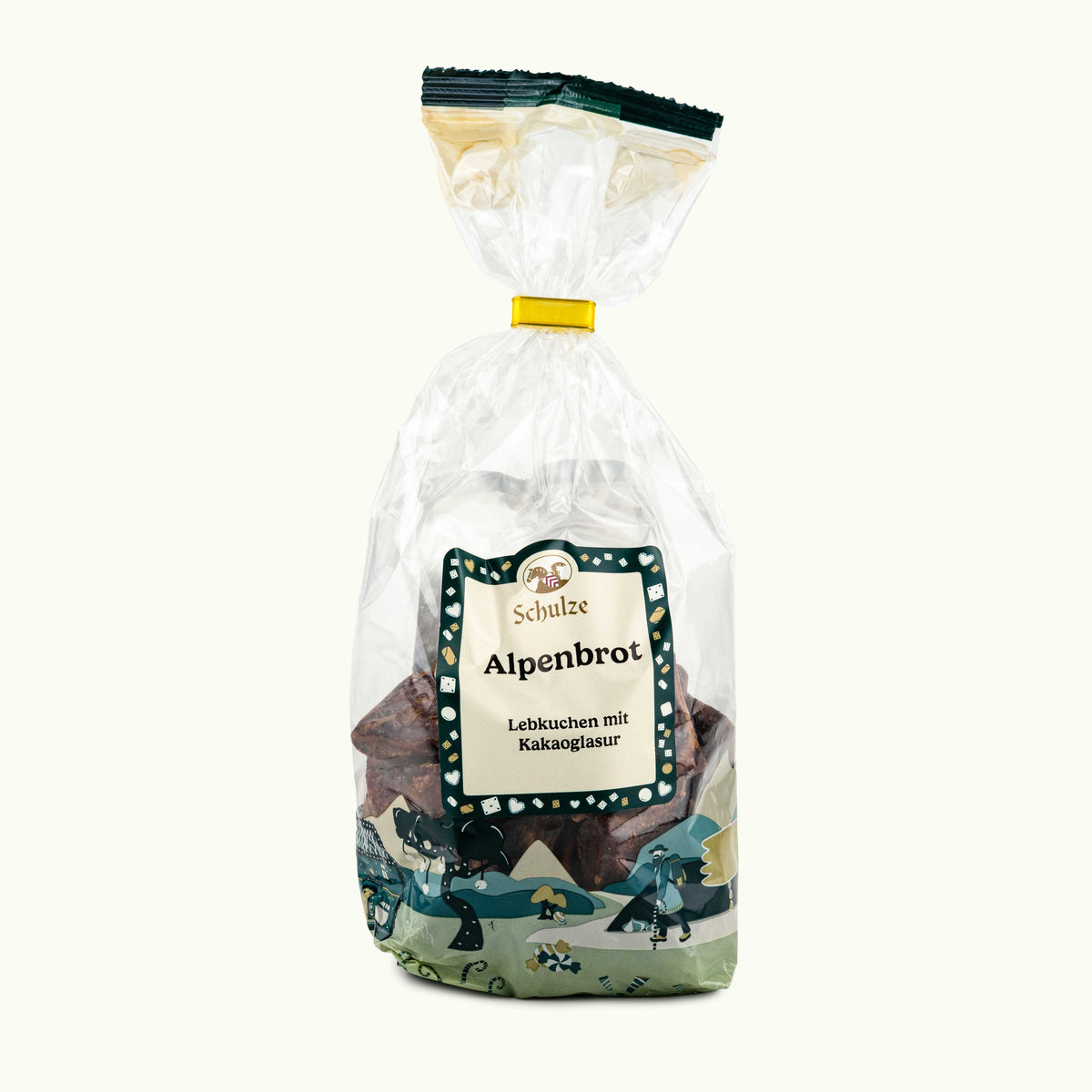 Alpenbrot mit Kakaoglasur im transparenten Beutel, Vorderetikett mit Schulze-Aufdruck