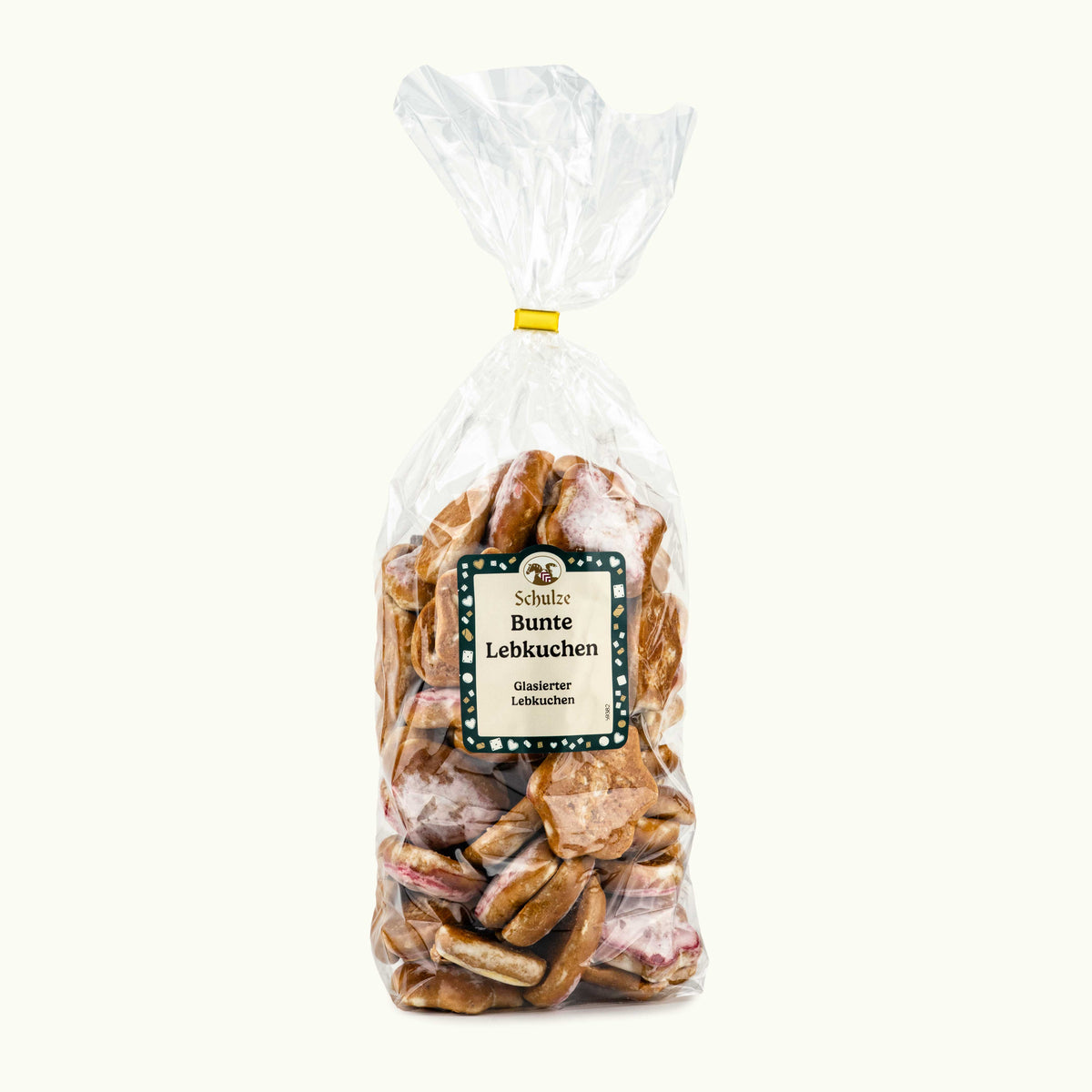 Bunter Lebkuchen im transparenten Beutel mit Schulze-Etikett