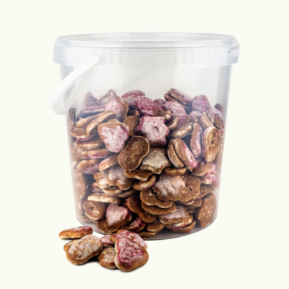 Lebkuchen-Mix in transparentem Eimer mit Deckel, bunt glasiert.