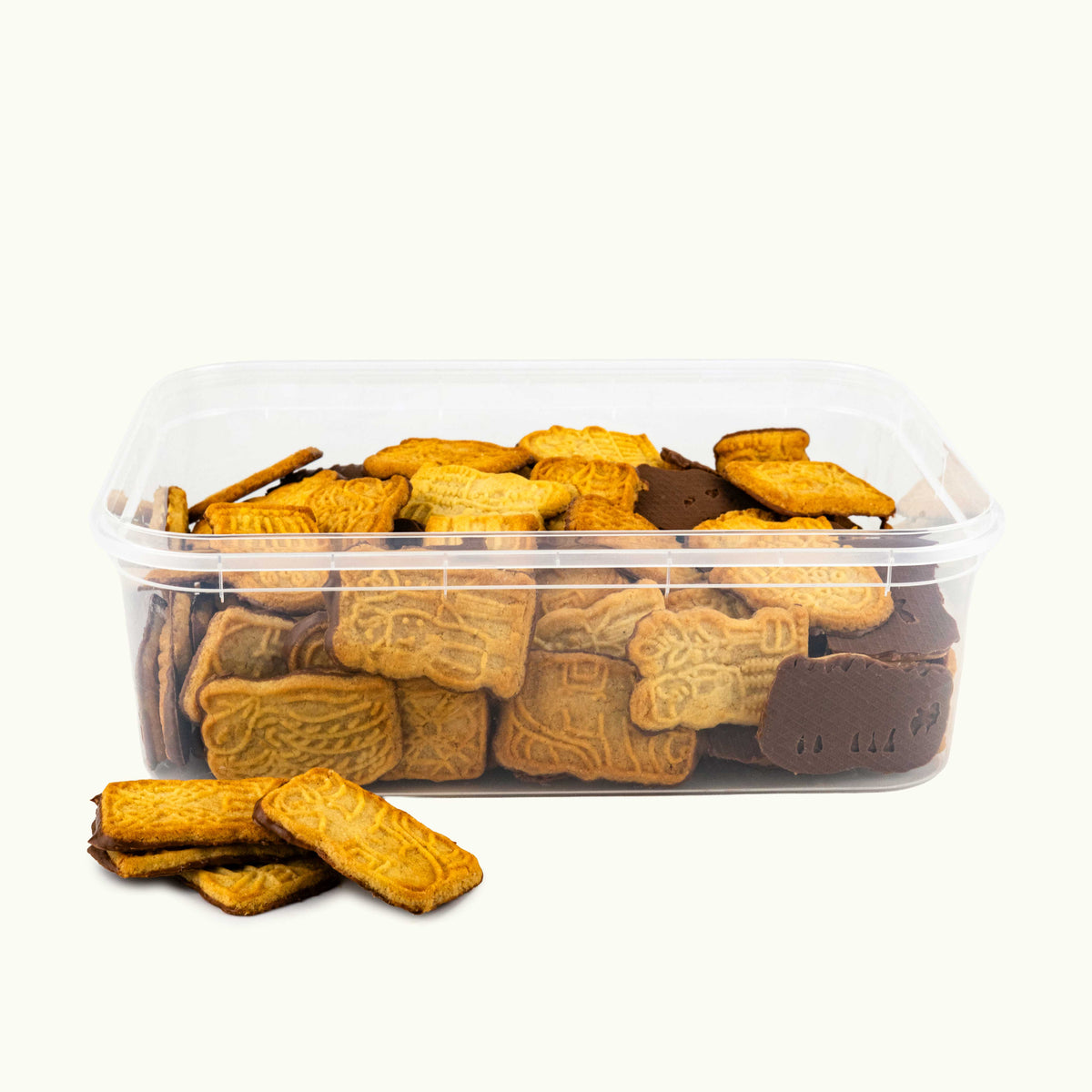 Spekulatiusgebäck in Kunststoffbox, karamellbraune Kekse mit Schokolade
