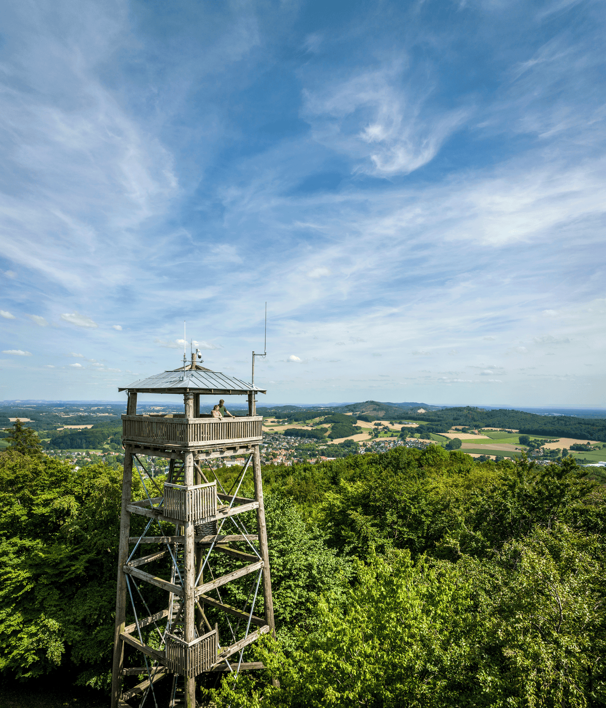 Blick auf den hölzernen Luisenturm, der sich über die Baumkronen eines bewaldeten Hügels erhebt, mit Personen auf der Aussichtsplattform und einem weiten Blick über die Landschaft im Hintergrund unter einem blauen Himmel mit leichten Wolken.