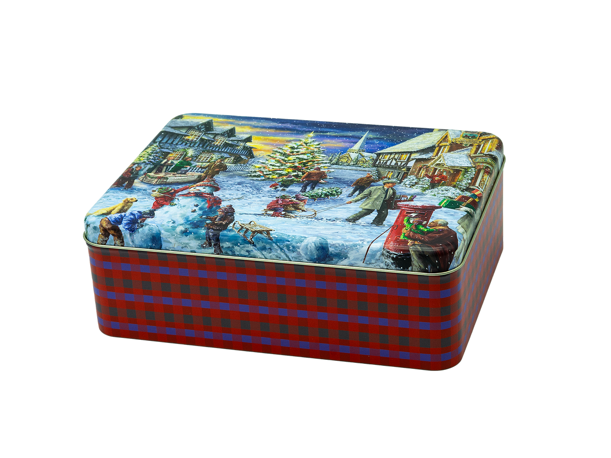 Weihnachtsmarkt-Geschenkdose rechteckig, blaue Szene, rotes Karo an Deckel und Rand
