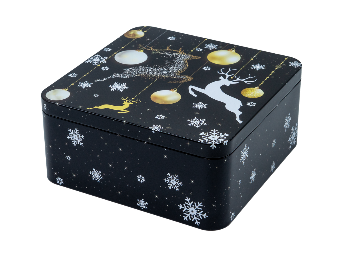 Geschenkdose: schwarze Metallbox mit goldenen Hirschmotiven und Schneeflocken