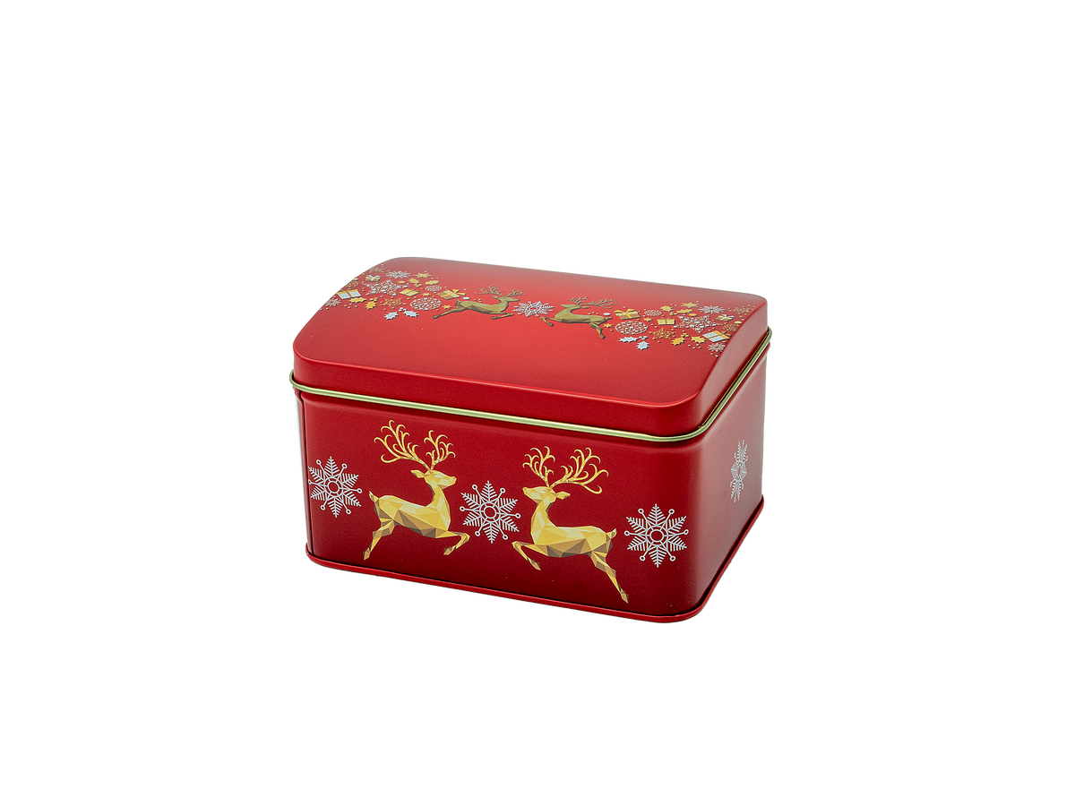 Rote Geschenkdose mit goldenen Elch- und Schneeflockenmotiven, rechteckiger Deckel
