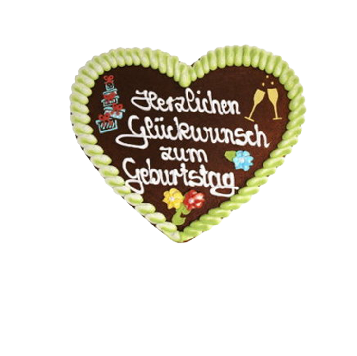 Lebkuchenherz zum Geburtsta  mit grüner Zuckerglasur. Auf dem Herz steht "Herzlichen Glückwunsch zum Geburtstag". Verziert mit bunten Blumen und Geschenken sowie zwei Sektgläsern aus Zuckerguss.