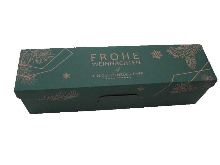 Geschenkkarton in Tannengrün mit Weihnachtsmotiv und Aufdruck "FROHE WEIHNACHTEN"