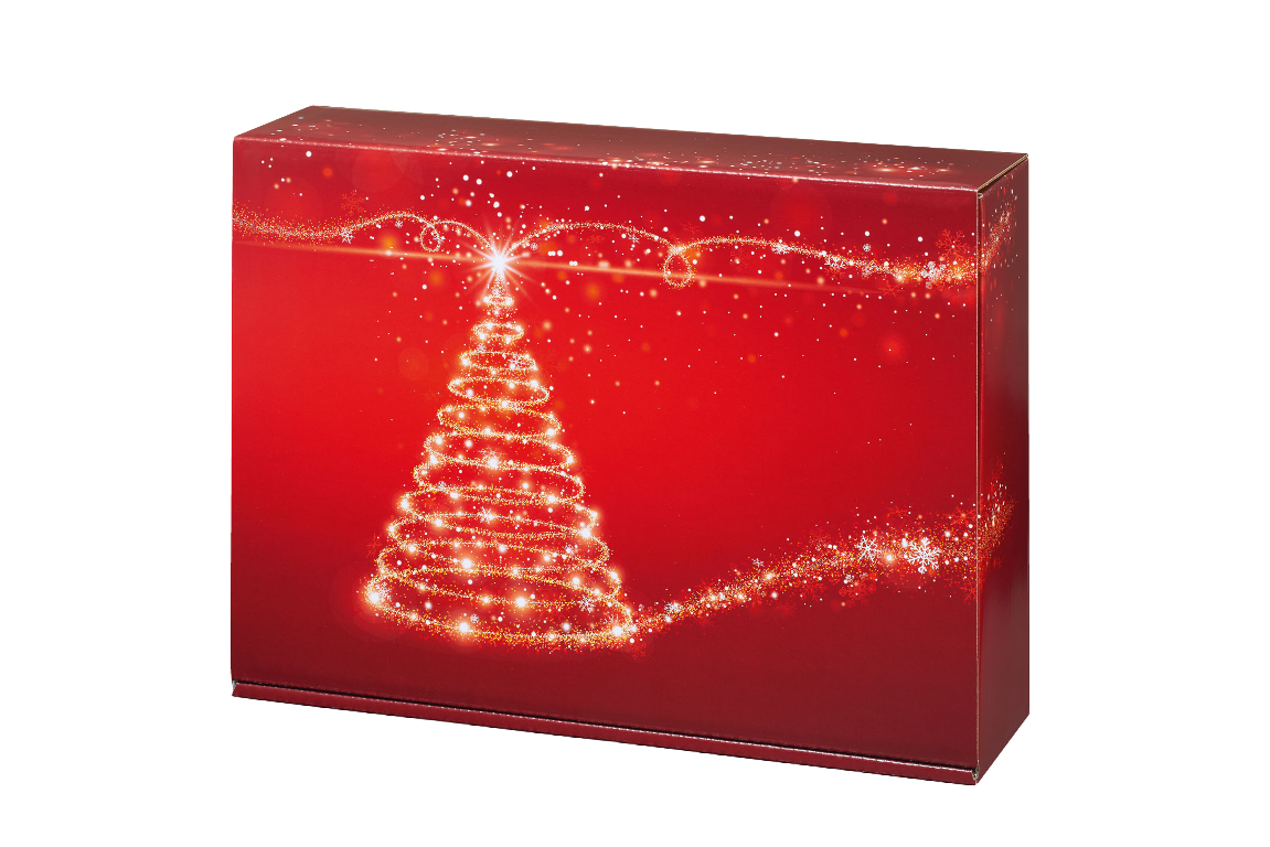 Geschenkkarton mit Weihnachtsbaum-Motiv und Lichterkette, rotes Geschenkdesign
