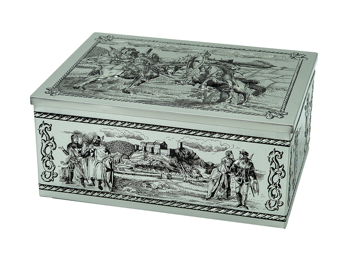Rittertruhe-Geschenkdose mit Deckel, silberfarbener Prägung und Ritter-Motiv