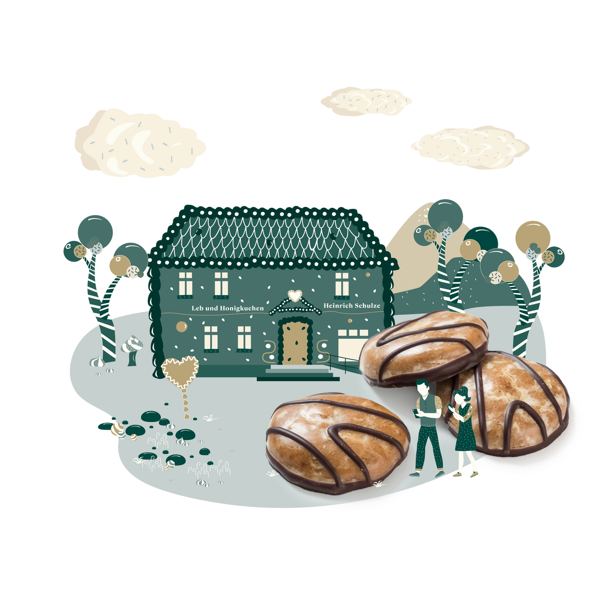 Lebkuchen im Vordergrund einer illustrierten Schlaraffenland-Landschaft mit dem illustrierten Schulze Stammhaus im Hintergrund.