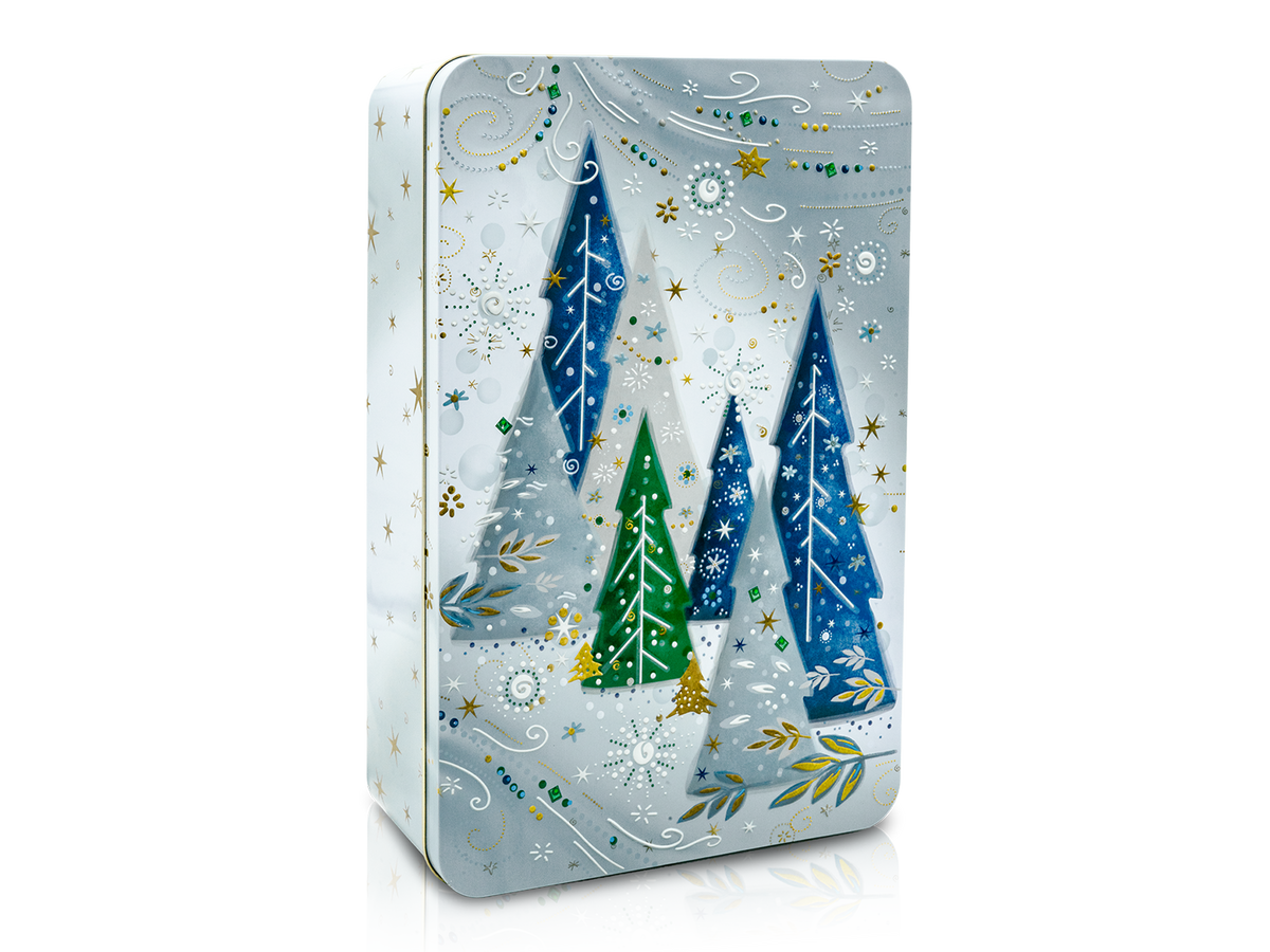 Tannen-Geschenkdose mit Weihnachtsmotiv und grünen Tannenbäumen