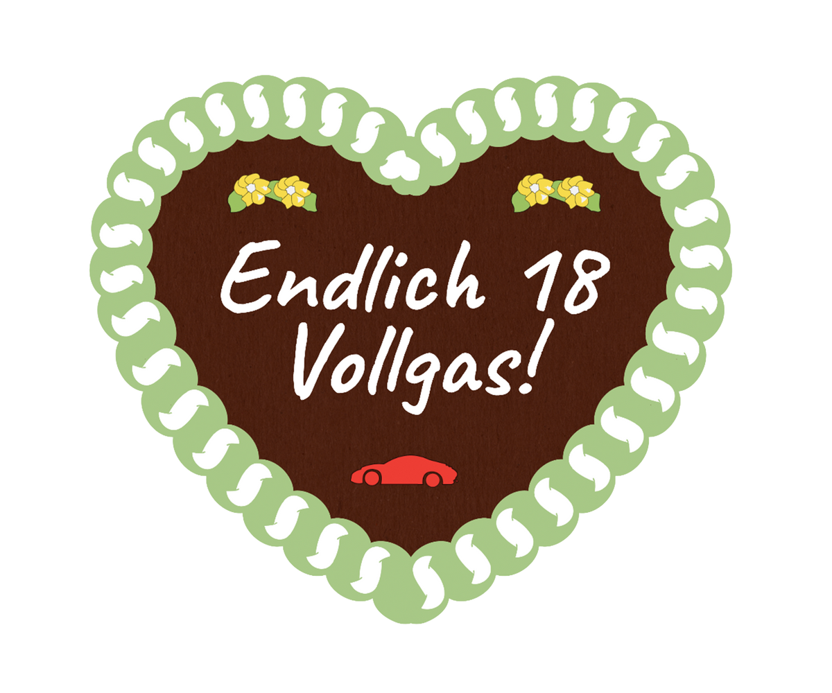 Individuelles Lebkuchenherz mit Aufschrift „Endlich 18 Vollgas!“ und rotem Auto