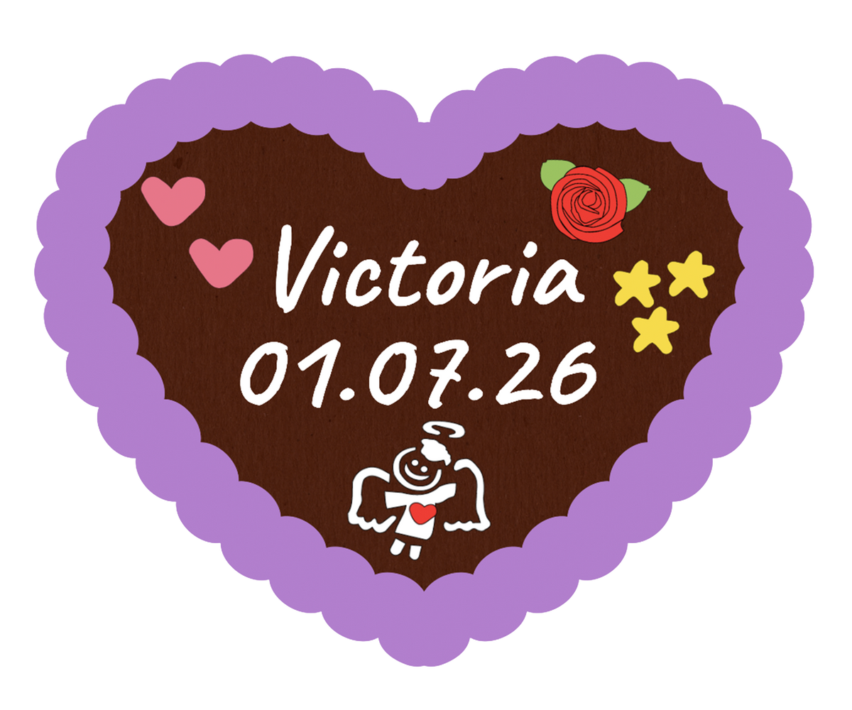 Individuelles Lebkuchenherz mit lila Ran und dem Text „Victoria“, Datum 01.07.26, Rose und Herzen.