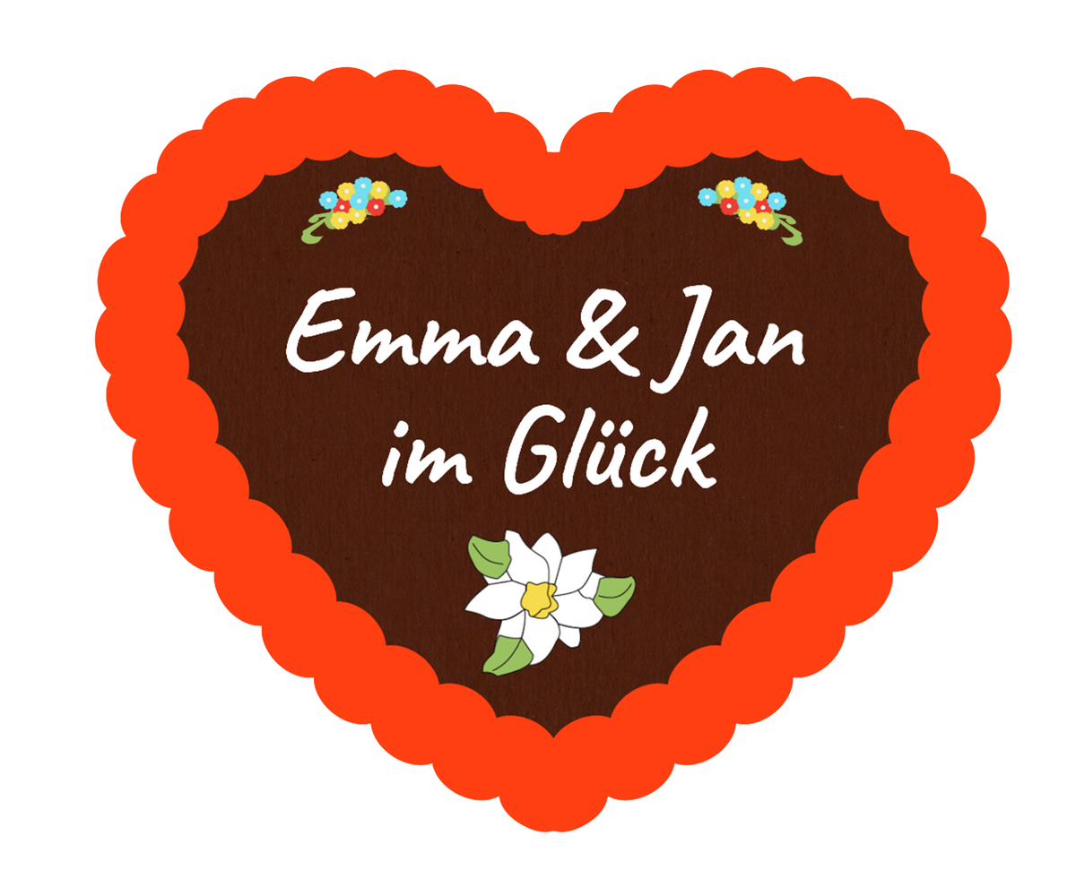 Lebkuchenherz mit rotem Zuckerrand und Text „Emma & Jan im Glück“