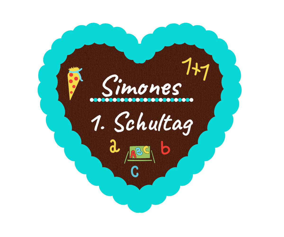 Individuelles Lebkuchenherz mit Namen „Simone“, Aufschrift „1. Schultag“. Blauer Zuckerrand und Schulmotive als Dekoration