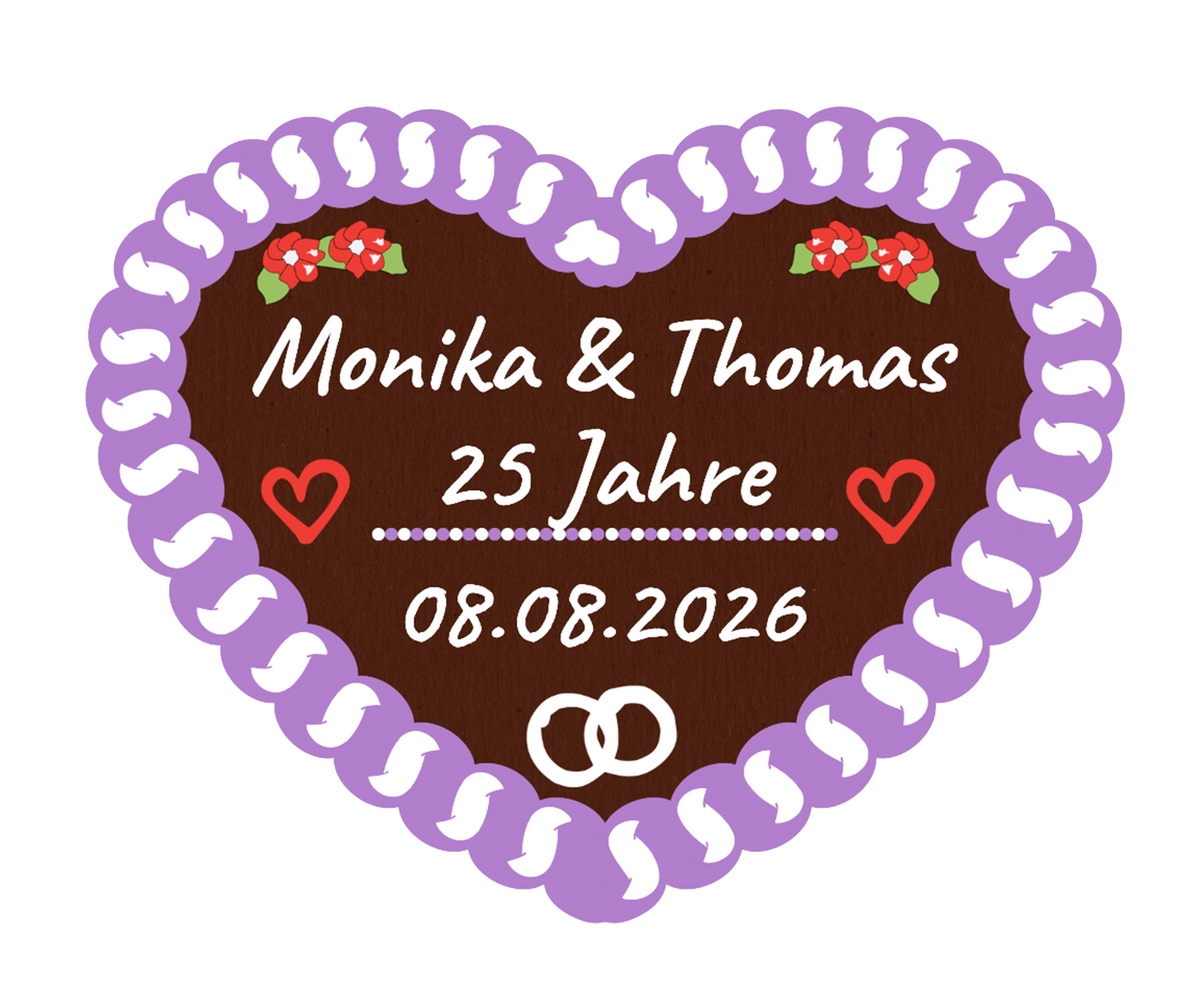 Personalisierbares Lebkuchenherz mit lila Zuckerrand, Namen, Datum des Hochzeitstages. Dekoriert mit einem Ring-Motiv und Herzen