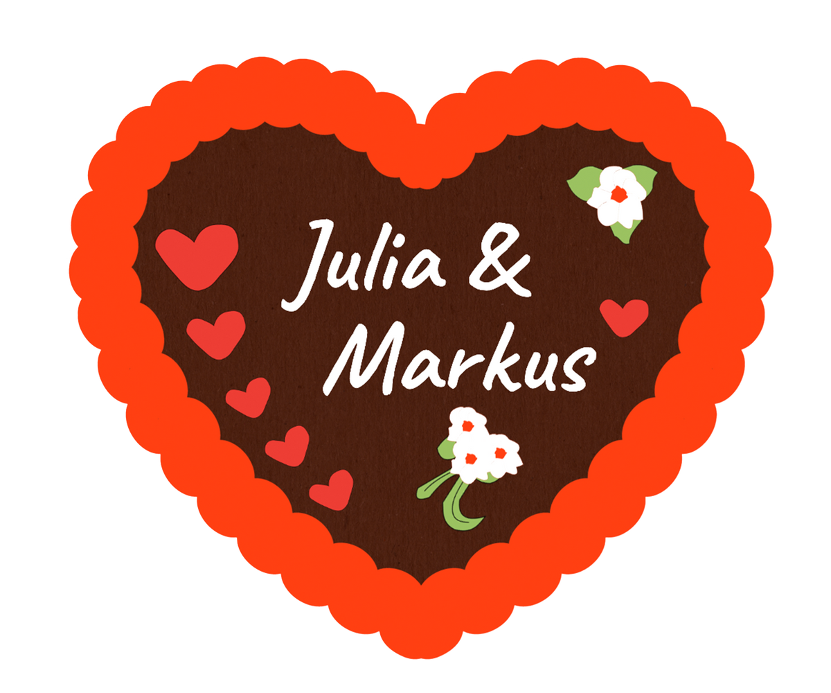 Lebkuchenherz mit rotem Ran aus Zuckerguss, den Namen „Julia & Markus“ sowie Deko Herzen aus Zuckerguss