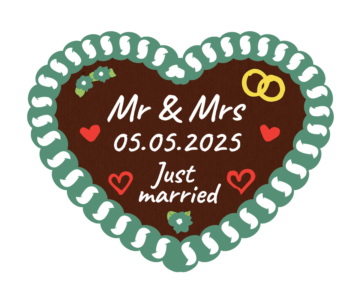 Lebkuchenherz „Mr & Mrs“ mit Datum 05.05.2025 und Herzverzierung
