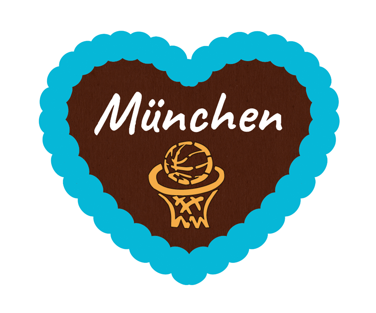 Lebkuchenherz mit blauem Rand aus Zuckerguss, Schriftzug „München“ und Sport Motiv
