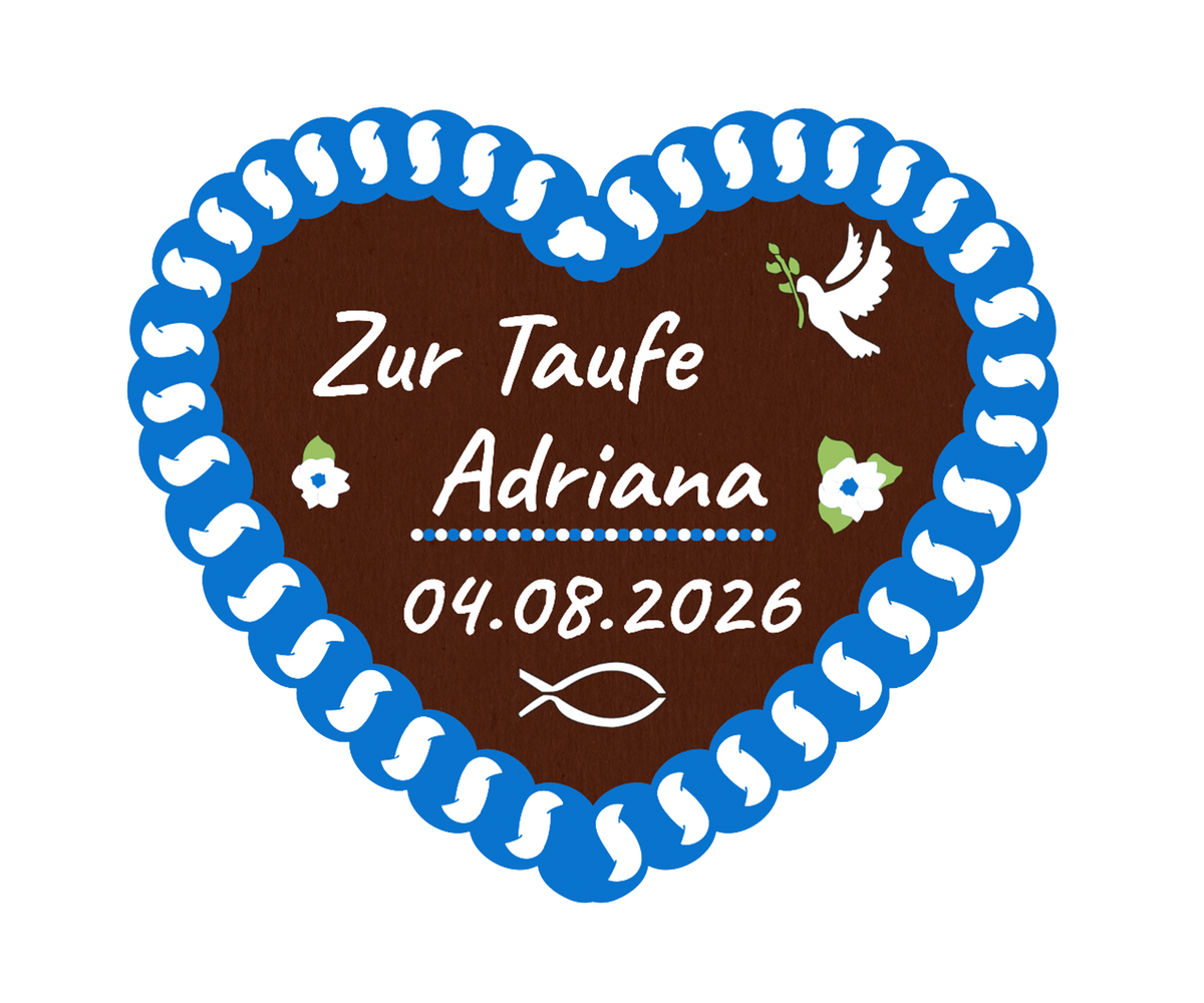 Lebkuchenherz zur Taufe: blauer Zuckerrand, „Zur Taufe Adriana 04.08.2026“