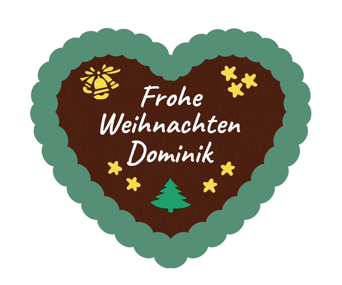 Lebkuchenherz mit grünem Rand und dem Text „Frohe Weihnachten Dominik“