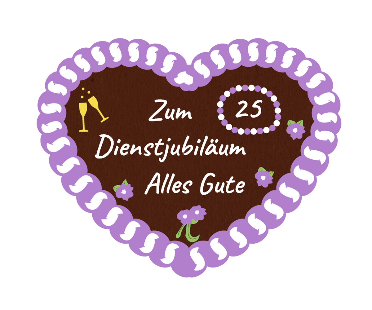 Lebkuchenherz zum Dienstjubiläum mit Jahreszahl 25, Text „Alles Gute“ und Sektglas