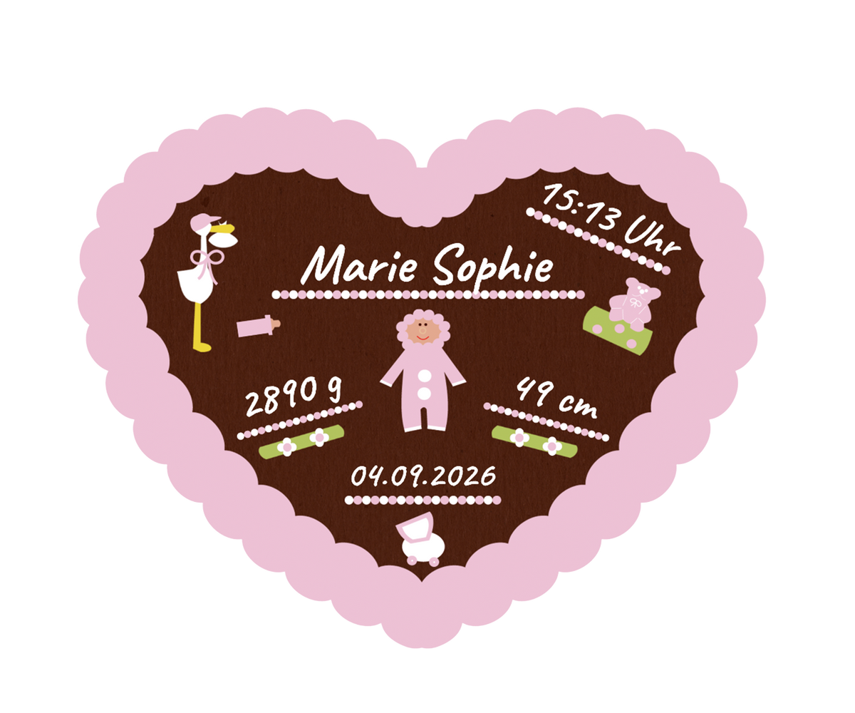 Lebkuchenherz mit Zuckerrand in rosa und dem Namen „Marie Sophie“ sowie Daten zur Geburt