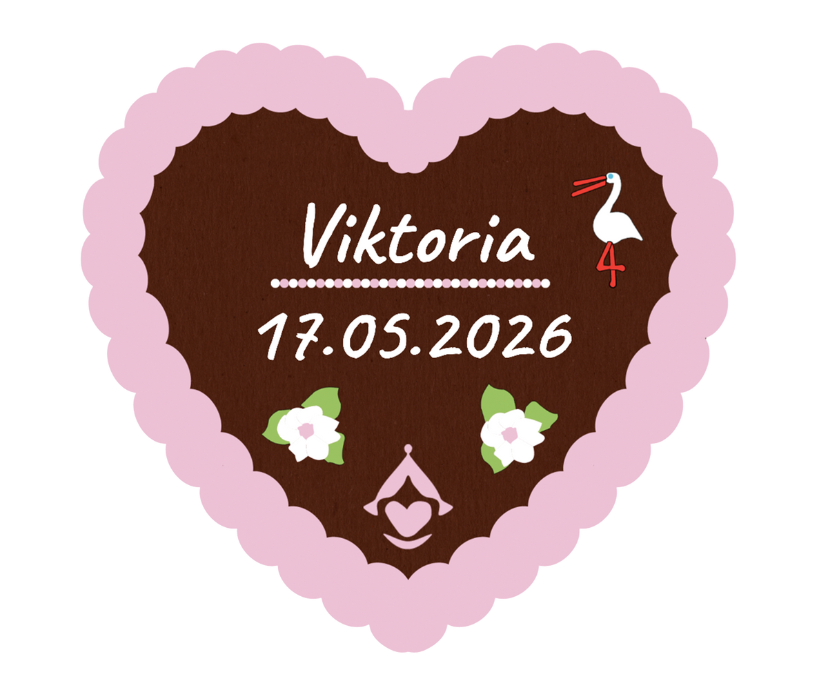 Lebkuchenherz mit Namen „Viktoria“, Datum 17.05.2026 und Deko-Blumen aus Zuckerguss