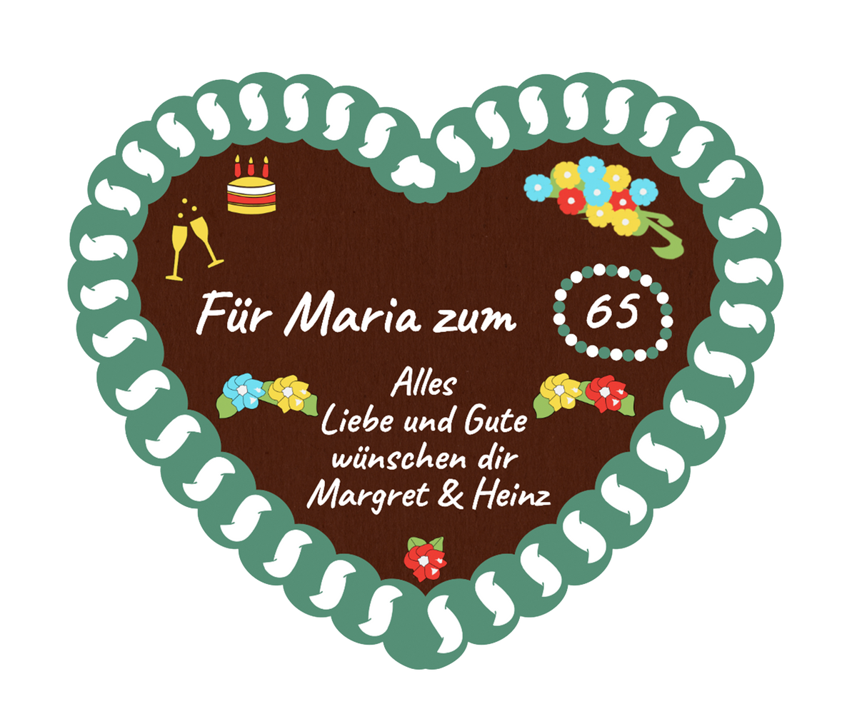 Lebkuchenherz mit weiß-grünem Zuckerrand, Text „Für Maria zum 65“, Blumen und Kerzen aus Zuckerguss als Dekoration