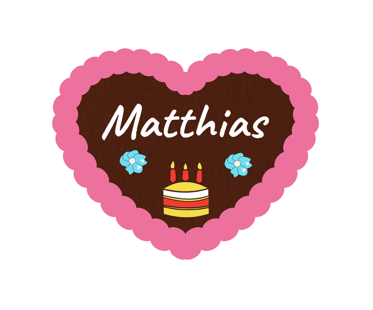 Lebkuchenherz zum Geburtstag mit Namen Matthias, rosa Rand, Tortenbild und Kerzen, blauen Dekoblumen.