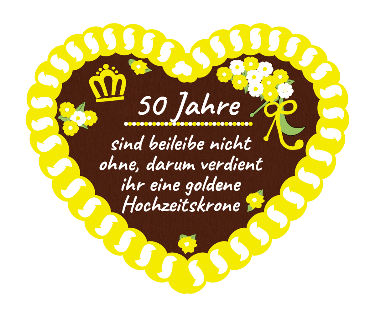 Lebkuchenherz mit Zuckerguss, Aufschrift „50 Jahre“ und Hochzeitkrone