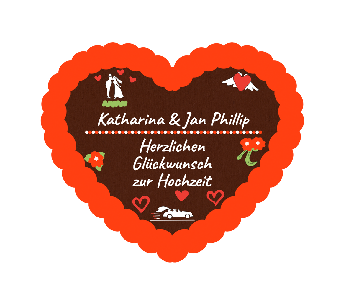 Lebkuchenherz mit Namen „Katharina & Jan Philipp“ und Hochzeitsgruß